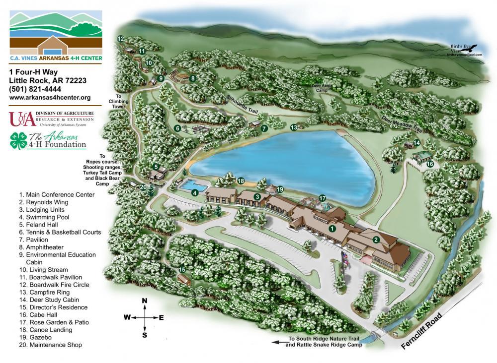 Birds Eye Map view of the 4H center with lists of where each building is